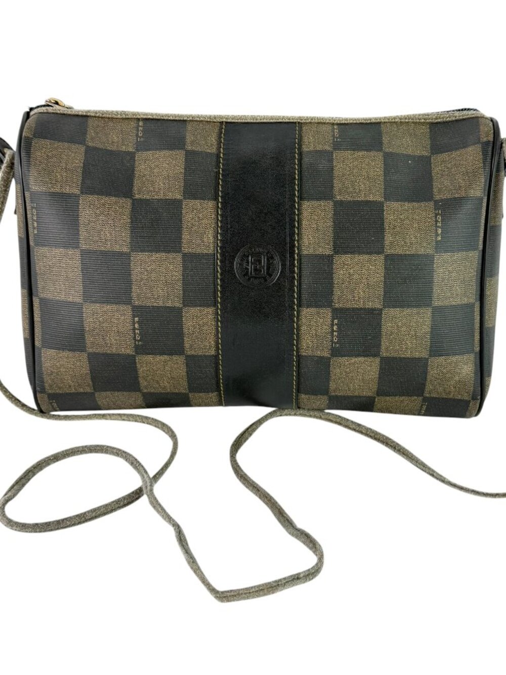FENDI Vintage Distressed Pequin Checkered Canvas Crossbody Bag Made in Italy